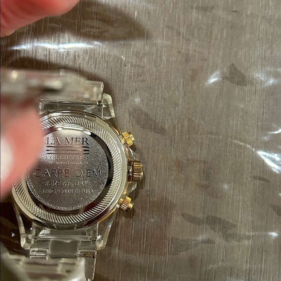 La Mer Collection Gold and Black Chronograph Watch with Clear Strap